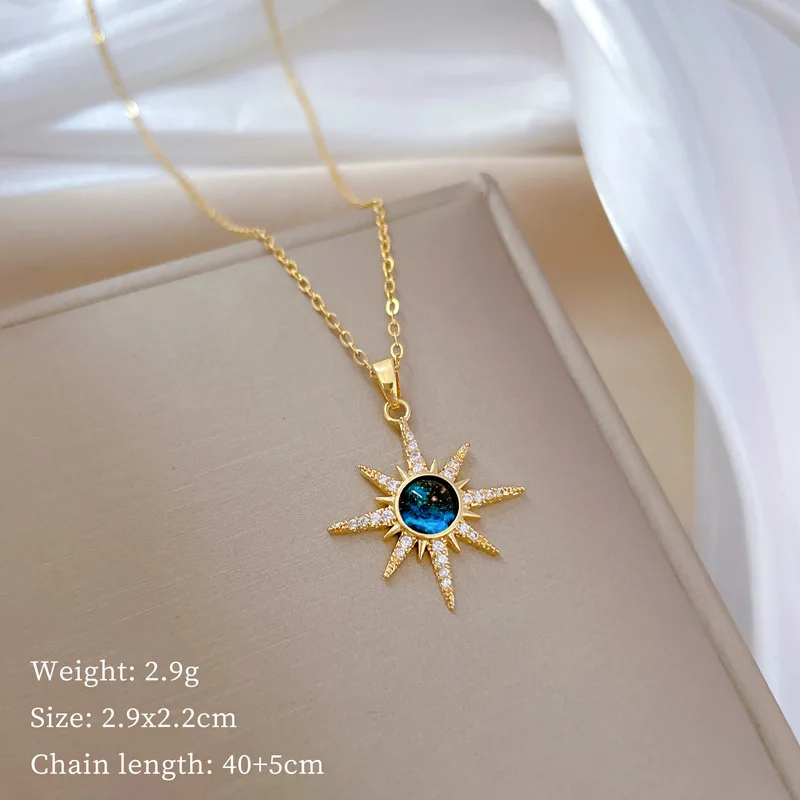 316L Stainless Steel Gold Plated Fashion Bohemian Blue Sun Star Pendant Necklace For Women Punk Party Jewelry