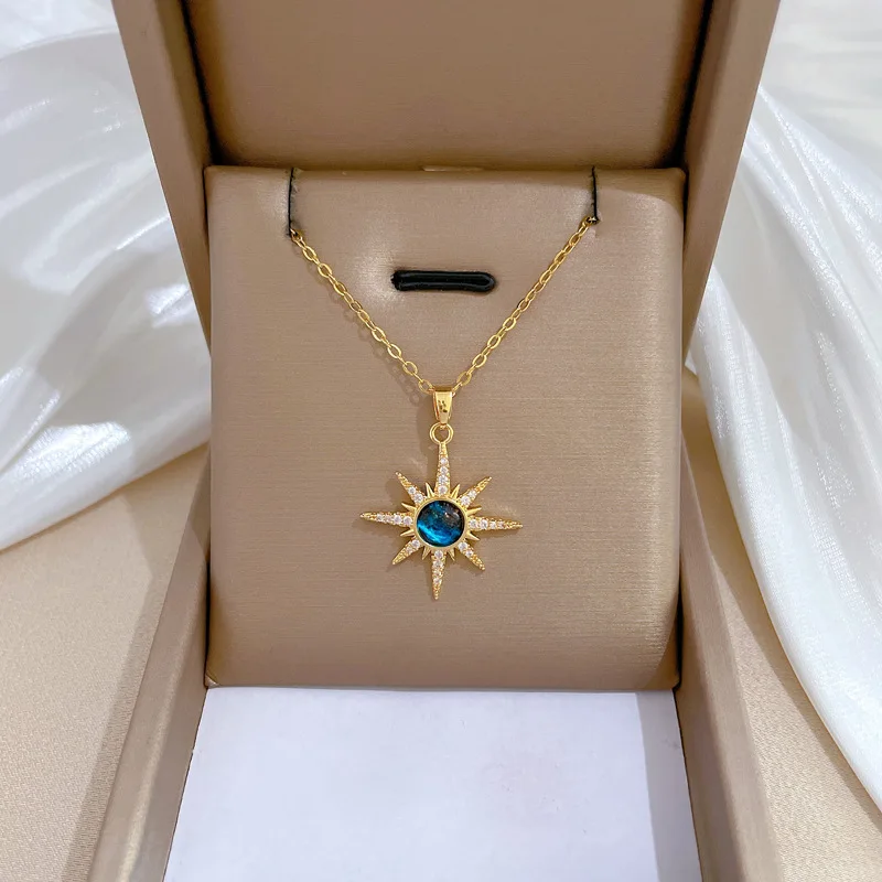 316L Stainless Steel Gold Plated Fashion Bohemian Blue Sun Star Pendant Necklace For Women Punk Party Jewelry