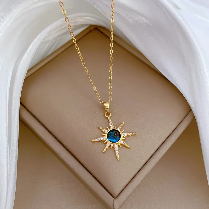 316L Stainless Steel Gold Plated Fashion Bohemian Blue Sun Star Pendant Necklace For Women Punk Party Jewelry